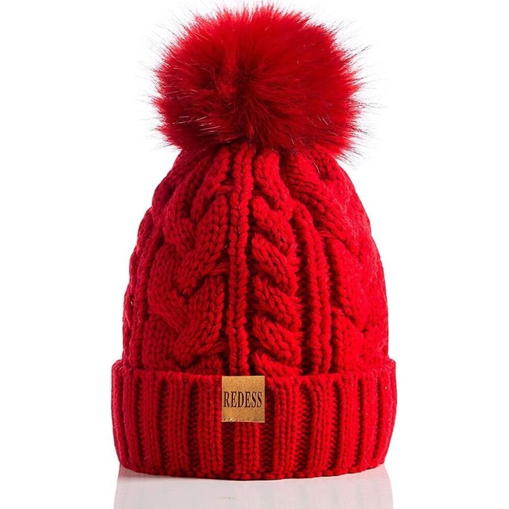 Women Winter Pompom Beanie Hat with Warm Fleece Lined, Thick Slouchy Snow Knit S